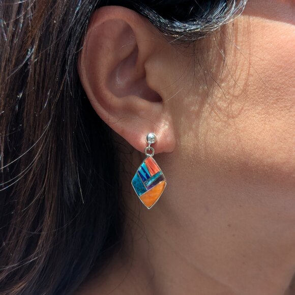 Handcrafted Navajo Multi Stone Inlay Dangle Sterling Silver Earrings Southwest** - Picture 3 of 10